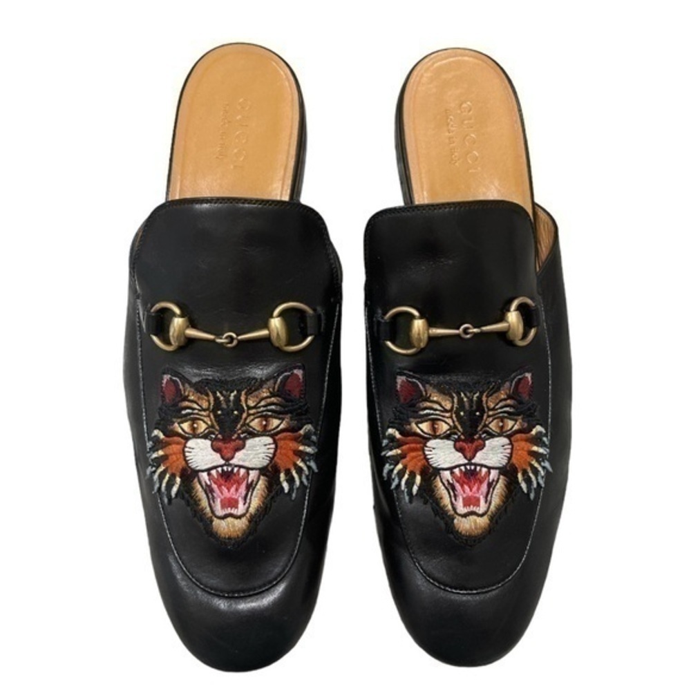 GUCCI Princetown Embroidered Tiger Patch Black Leather Horsebit Loafer Mules 13 - Picture 3 of 9